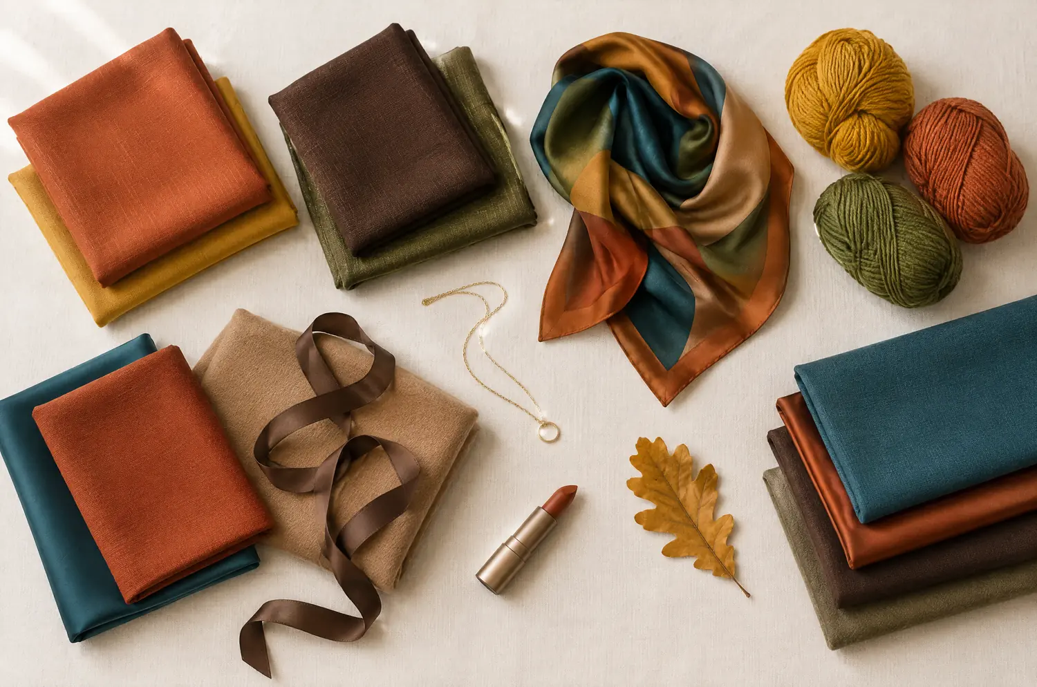 Fabrics, wool and a dried oak leaf in the warm colors of the Autumn palette