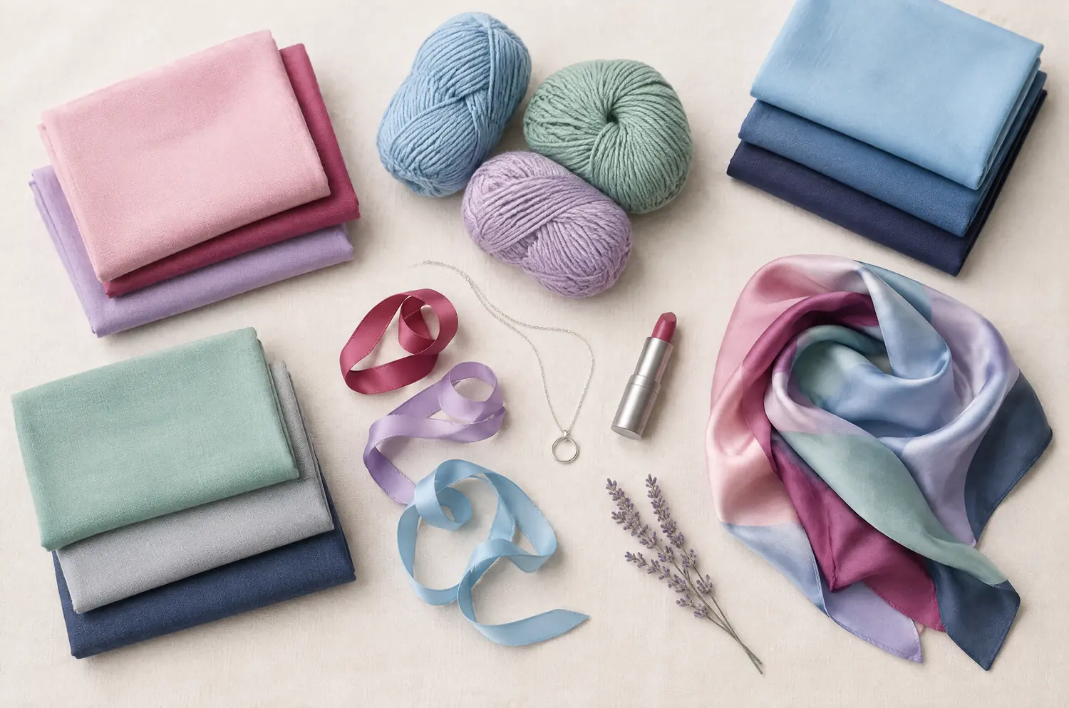Folded fabrics, wool and a silver necklace in the soft shades of the Summer palette