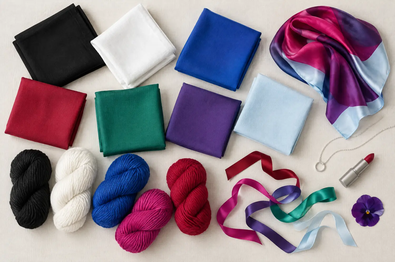 Folded fabrics, wool and a silver necklace in the vivid, high-contrast colors of the Winter palette