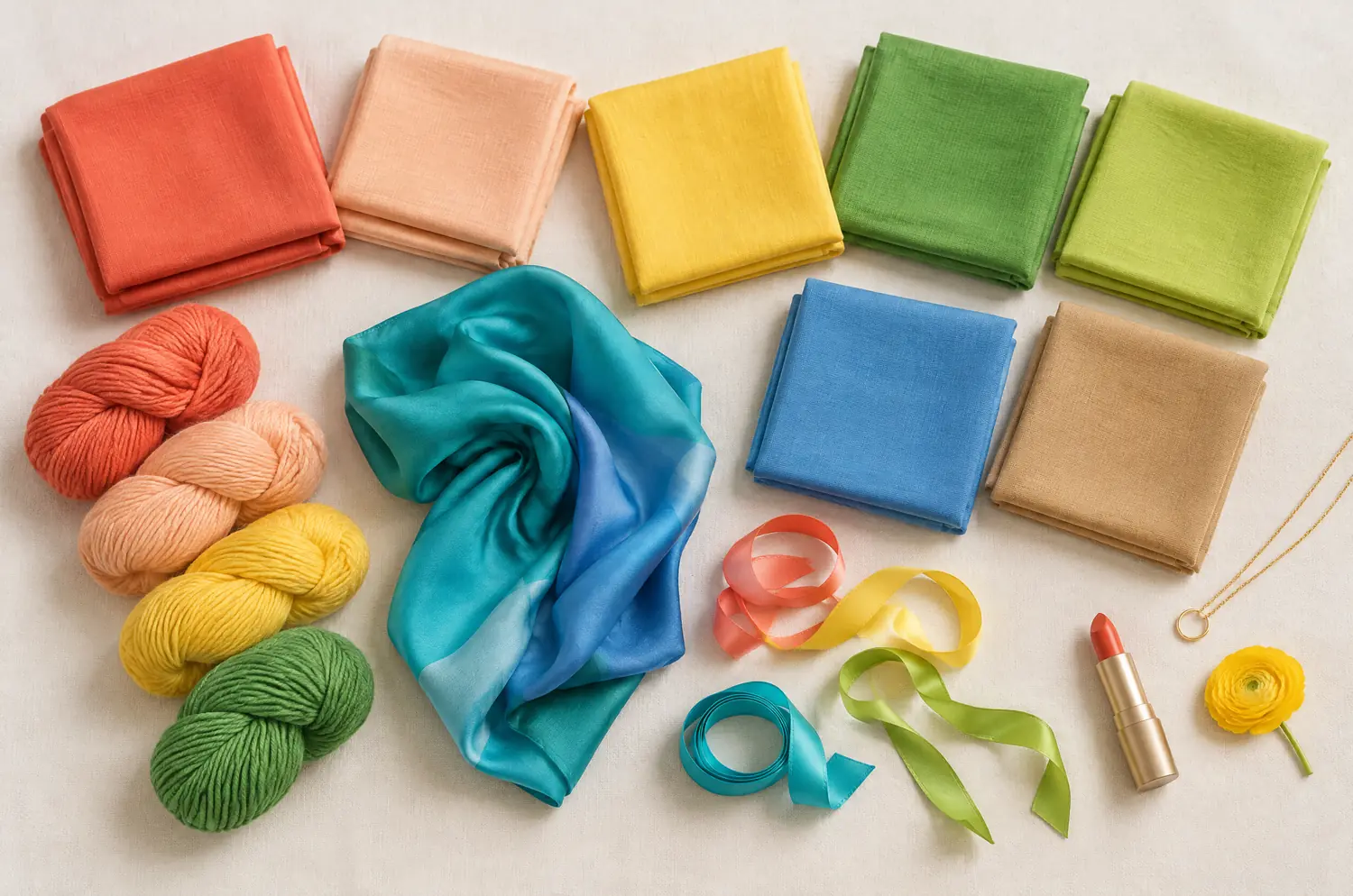 Folded fabrics, skeins of wool and a gold necklace in the colors of the Spring palette